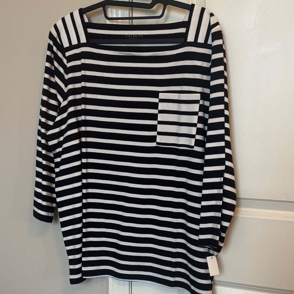Talbots Black and White Striped Top 3/4 sleeves stretch square neck 2Xp